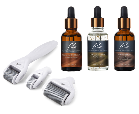 Re Derma Roller All In One Set + Coenzyme Q10 Serum + 24K Gold Serum + Retinol Serum