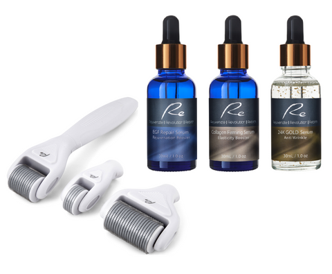 Micro-Needle DERMA ROLLER 3 PIECE SET+ EGF + Collagen + 24K Gold Serum - 3x30mL