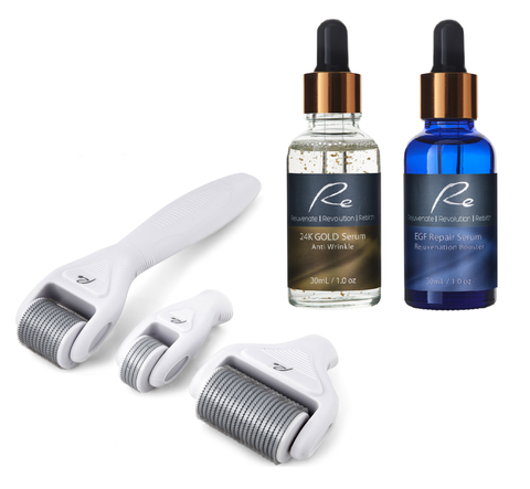 Micro-Needle Face & Body DERMA ROLLER 3 PIECE SET + 24K Gold + EGF Repair Serum