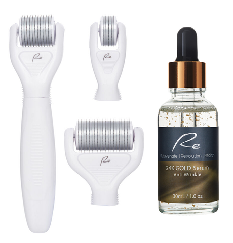 Micro-Needle Face&Body DERMA ROLLER 3 PIECE SET&24K Gold Anti-Wrinkle Serum 30ml