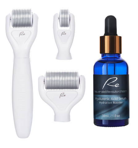 Microneedle Face & Body DERMA ROLLER 3 PIECE SET & Hyaluronic Acid Serum 30ml