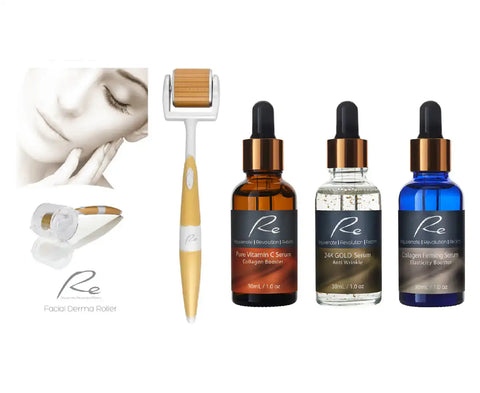 Re Eyes & Face Micro-Needle Derma Roller + Vitamin C Serum + 24K Gold Serum + Collagen Serum