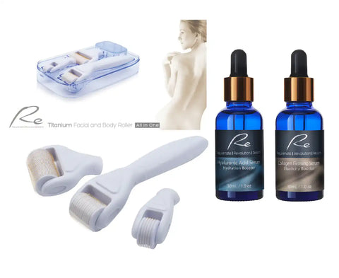 Re Facial Derma Roller All In One Set TITANIUM + Hyaluronic Acid Serum + Collagen Serum
