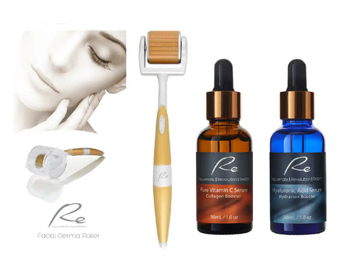 Re Eyes & Face Micro-Needle Derma Roller + Pure Vitamin C Serum + Hyaluronic Acid Serum