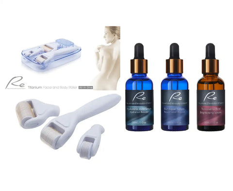 Re Facial Derma Roller All In One Set TITANIUM + Hyaluronic Acid Serum + EGF Serum + Tranexamic Acid Serum