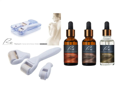 Re Facial Derma Roller All In One Set TITANIUM + Vitamin C Serum + Retinol Serum + 24K Gold Serum