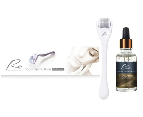 Re Facial Derma Roller 540 needles + 24K Gold Serum 30mL