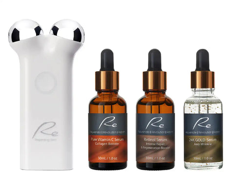 Re Microcurrent Face Lift & Tone Massager + Vitamin C + Retinol + 24K Gold Serum